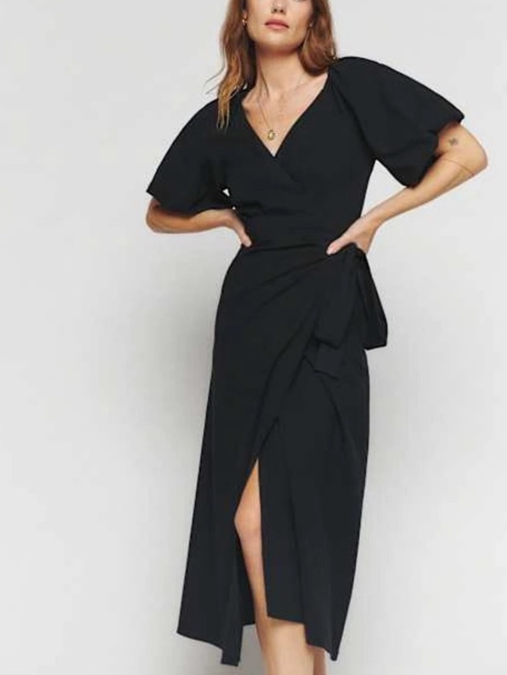 Reformation Black Wrap Midi Dress with Puff Sleeves